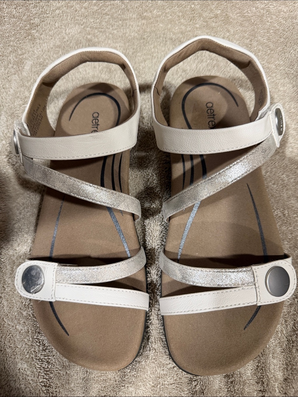 Aetrex Women's White Sandals with Metallic Silver Straps